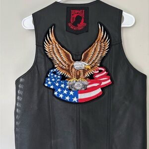 Vintage Men Black Biker Leather Vest US Air Force Veteran Embroidered Vest Large